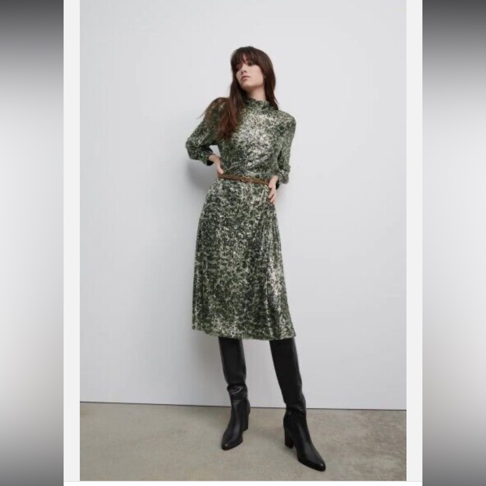ZARA KHAKI SEQUIN MIDI DRESS WITH WRAPAROUND BELT SIZE SMALL LIMITED EDITION
